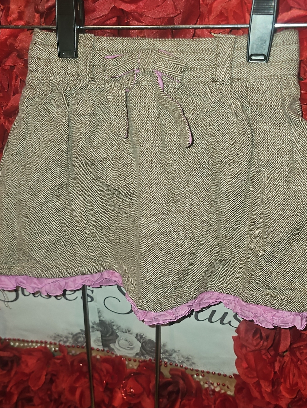 OshKosh B'gosh Girls Brown Herringbone Mini Skirt with Pink Ruffle Hem Size 3T
